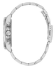 A close-up side profile of a silver stainless steel watch with a matching metal link bracelet, featuring a textured bezel and two pushers.