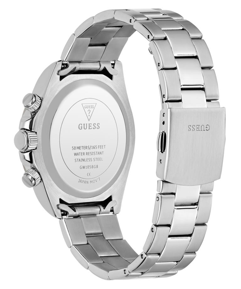 Silver stainless steel watch shown from the back, featuring a matching metal link bracelet, a chronograph case with three pushers, and a GUESS logo on the clasp and back cover.