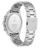 Silver stainless steel watch shown from the back, featuring a matching metal link bracelet, a chronograph case with three pushers, and a GUESS logo on the clasp and back cover.