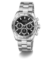 A GUESS chronograph watch with a silver stainless steel link bracelet, a black dial, and a black bezel with white markings, shown on a clean white background.