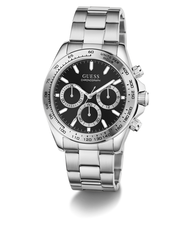 A GUESS chronograph watch with a silver stainless steel link bracelet, a black dial, and a black bezel with white markings, shown on a clean white background.
