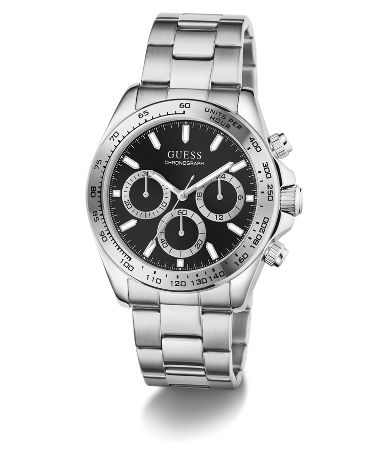 A GUESS chronograph watch with a silver stainless steel link bracelet, a black dial, and a black bezel with white markings, shown on a clean white background.