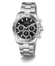A GUESS chronograph watch with a silver stainless steel link bracelet, a black dial, and a black bezel with white markings, shown on a clean white background.