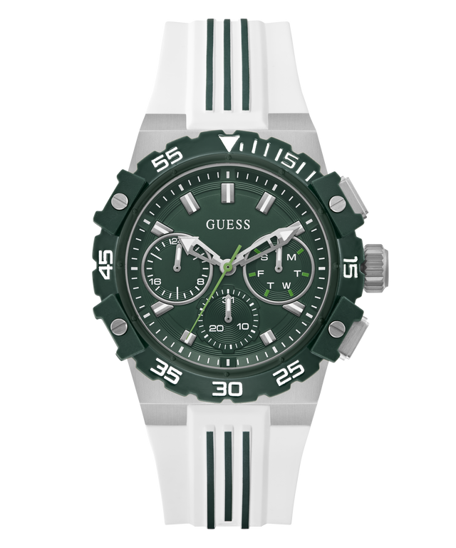 Green and white GUESS Mens White Silver Tone Analog Watch with visible brand logo on a white background