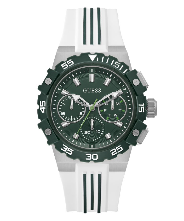 Green and white GUESS Mens White Silver Tone Analog Watch with visible brand logo on a white background