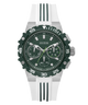 Green and white GUESS Mens White Silver Tone Analog Watch with visible brand logo on a white background