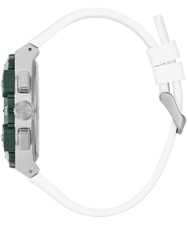 Close-up of a GUESS Mens White Silver Tone Analog Watch with a white strap on a white background