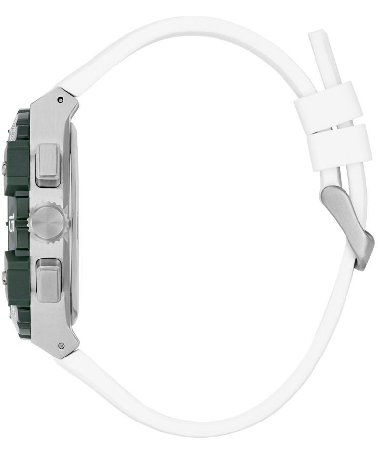 Close-up of a GUESS Mens White Silver Tone Analog Watch with a white strap on a white background