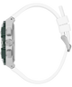Close-up of a GUESS Mens White Silver Tone Analog Watch with a white strap on a white background