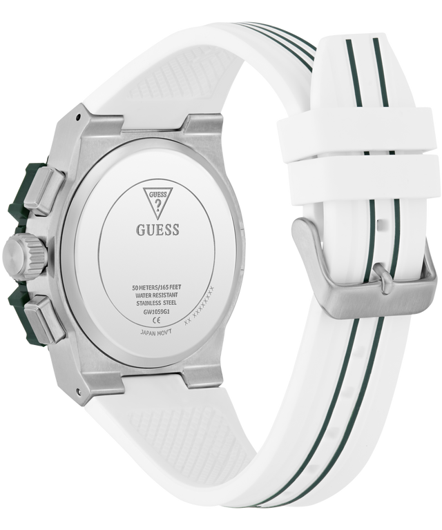 White GUESS Mens White Silver Tone Analog Watch with a visible brand logo on a white background