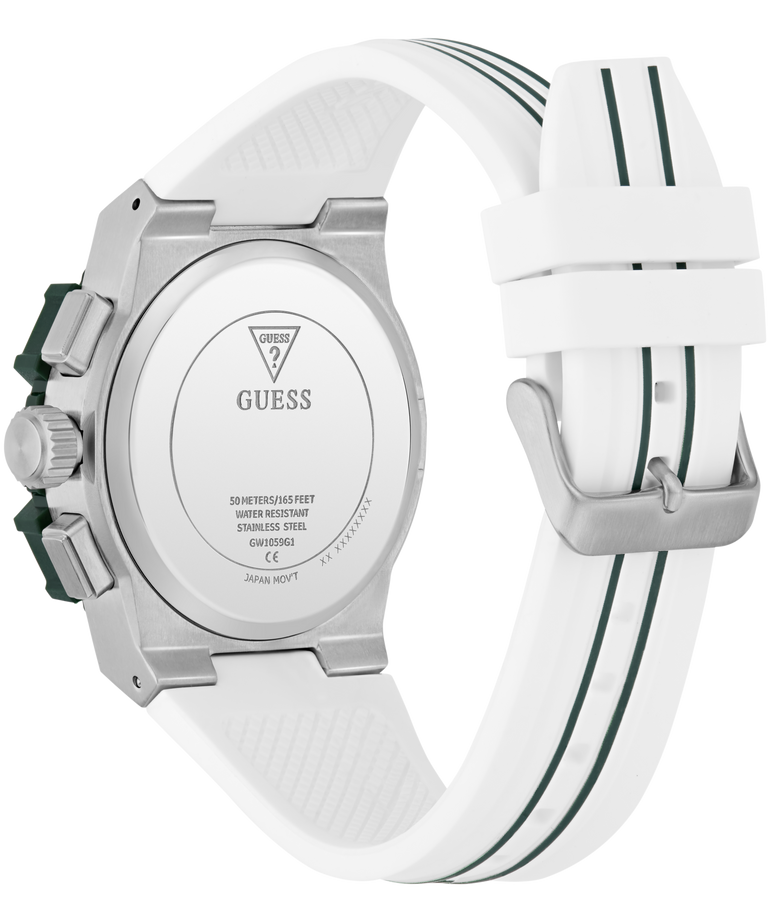 White GUESS Mens White Silver Tone Analog Watch with a visible brand logo on a white background