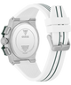 White GUESS Mens White Silver Tone Analog Watch with a visible brand logo on a white background