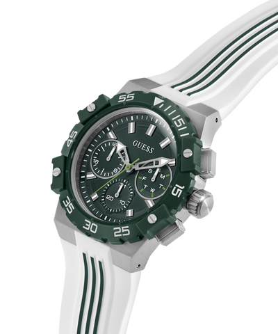 Green and white GUESS Mens White Silver Tone Analog Watch with a detailed face on a white background lifestyle