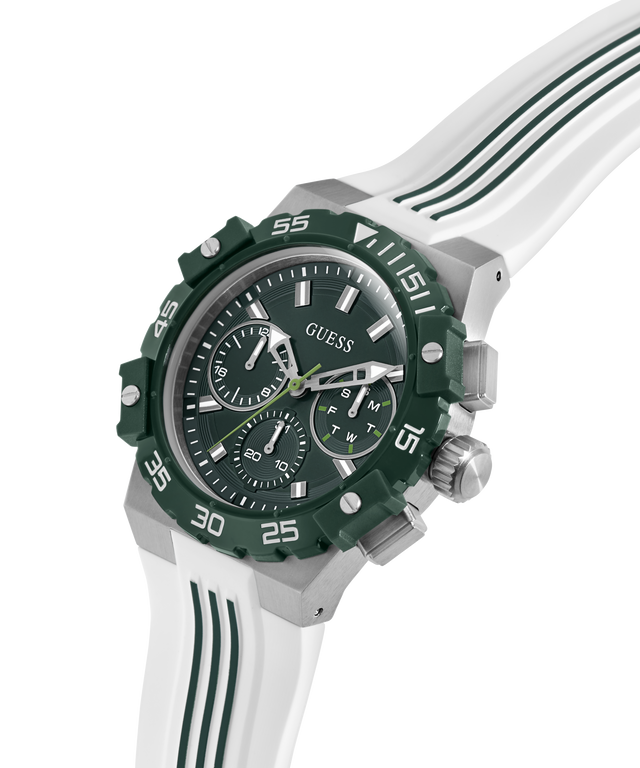 Green and white GUESS Mens White Silver Tone Analog Watch with a detailed face on a white background lifestyle