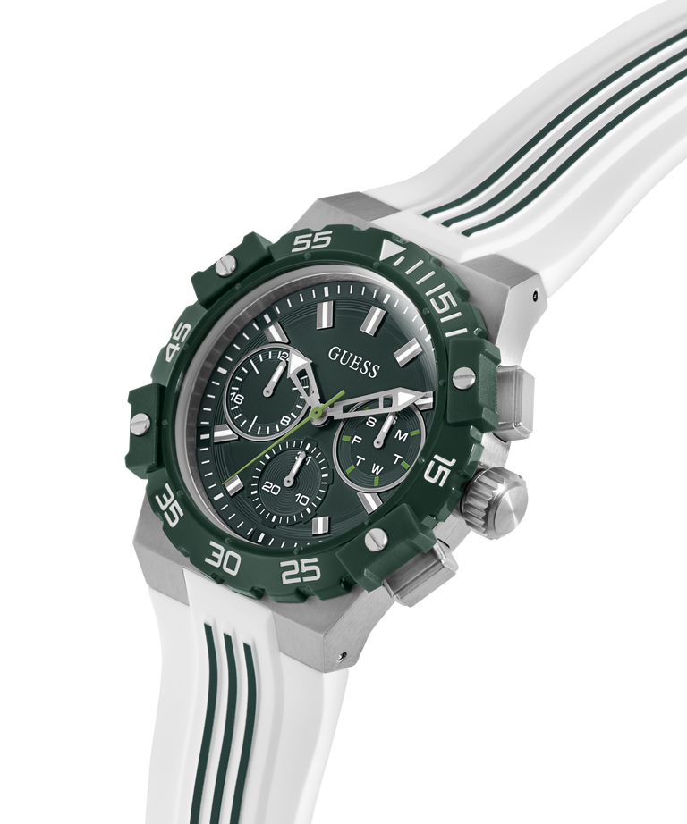 Green and white GUESS Mens White Silver Tone Analog Watch with a detailed face on a white background lifestyle