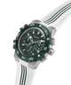 Green and white GUESS Mens White Silver Tone Analog Watch with a detailed face on a white background lifestyle