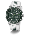 Guess watch with green face and white strap on a white background