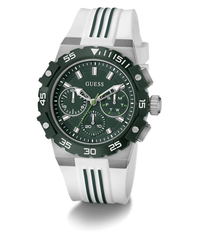 Guess watch with green face and white strap on a white background