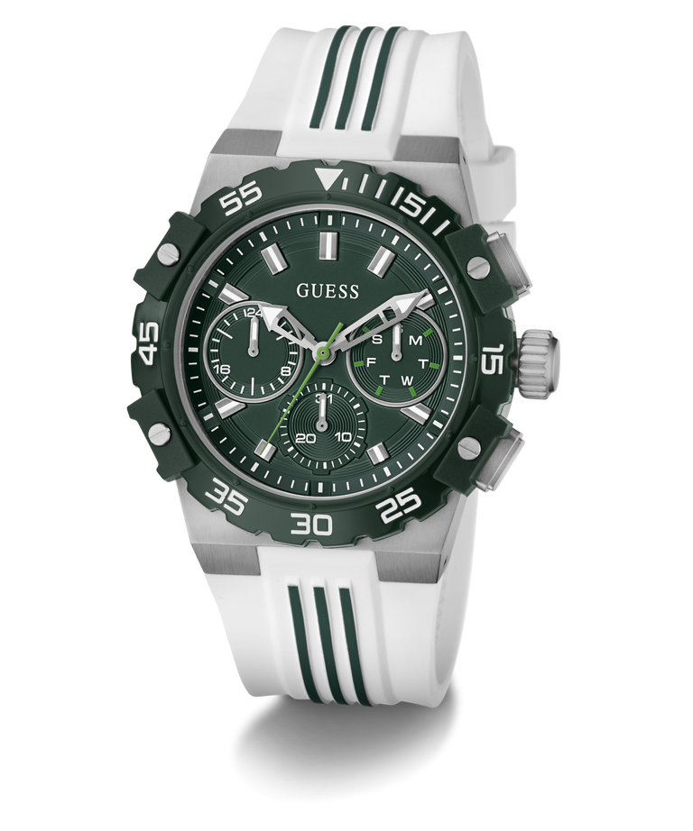 Guess watch with green face and white strap on a white background
