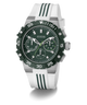 Guess watch with green face and white strap on a white background