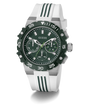 Guess watch with green face and white strap on a white background