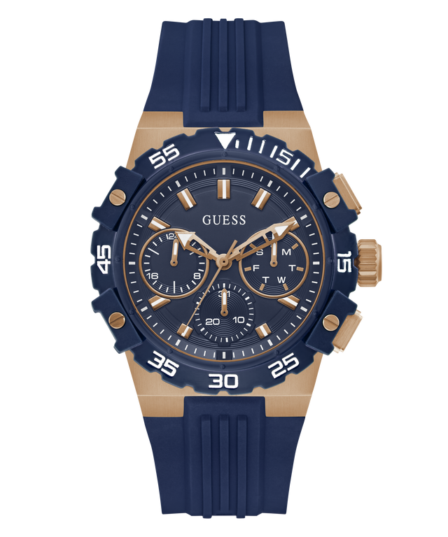 Blue and gold watch with Guess branding on a white background