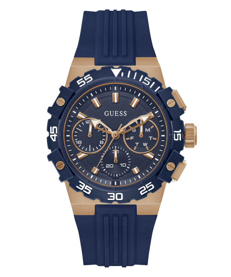 Blue and gold watch with Guess branding on a white background