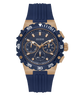 Blue and gold watch with Guess branding on a white background