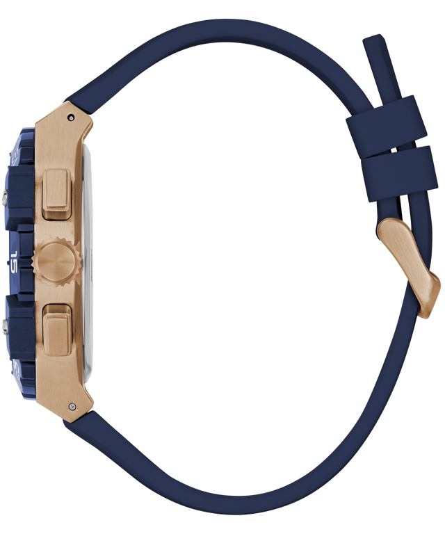 GUESS Mens Midnight Blue Rose Gold Tone Analog Watch with blue strap and beige casing on a white background