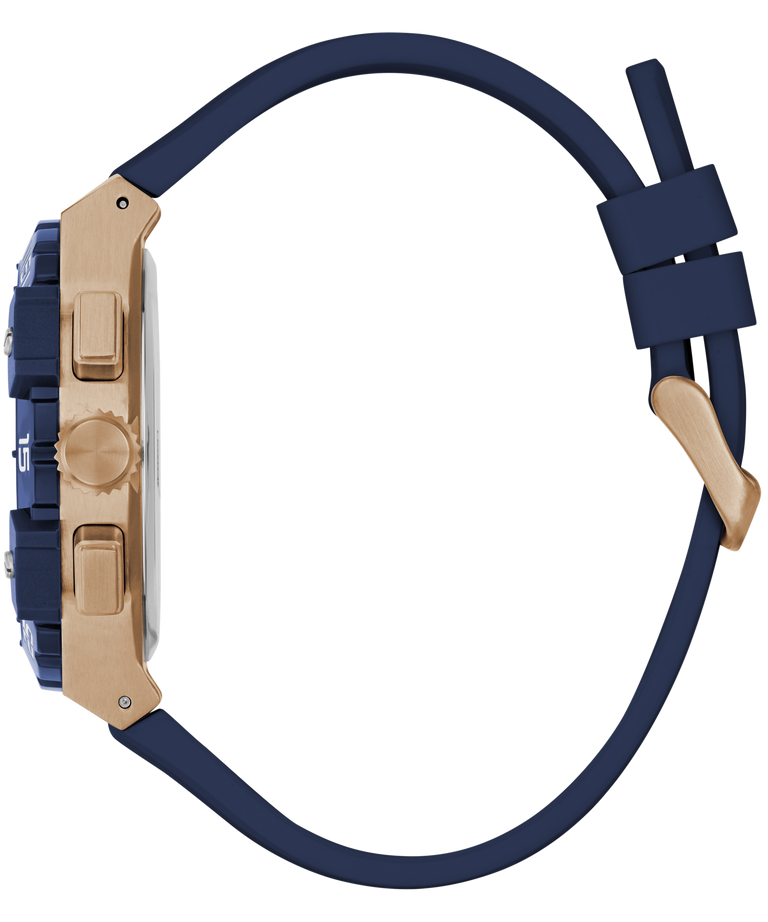 GUESS Mens Midnight Blue Rose Gold Tone Analog Watch with blue strap and beige casing on a white background