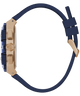 GUESS Mens Midnight Blue Rose Gold Tone Analog Watch with blue strap and beige casing on a white background