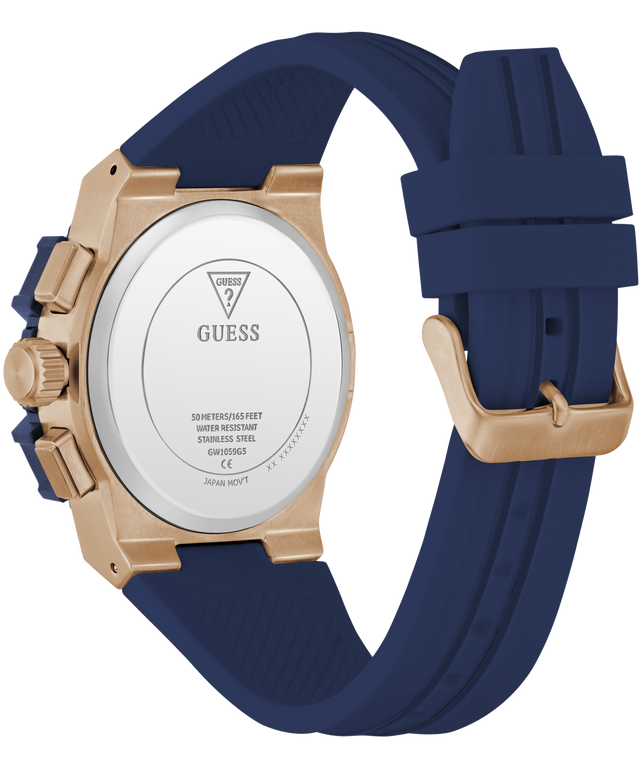 GUESS Mens Midnight Blue Rose Gold Tone Analog Watch with blue strap and gold case on a transparent background