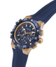 Blue and gold GUESS Mens Midnight Blue Rose Gold Tone Analog Watch with visible brand logo on a transparent background lifestyle