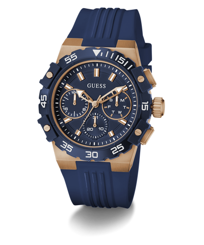 Blue and gold Guess watch on a clear background