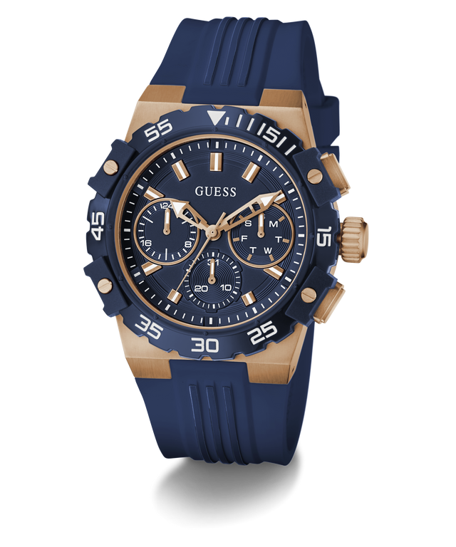 Blue and gold Guess watch on a clear background