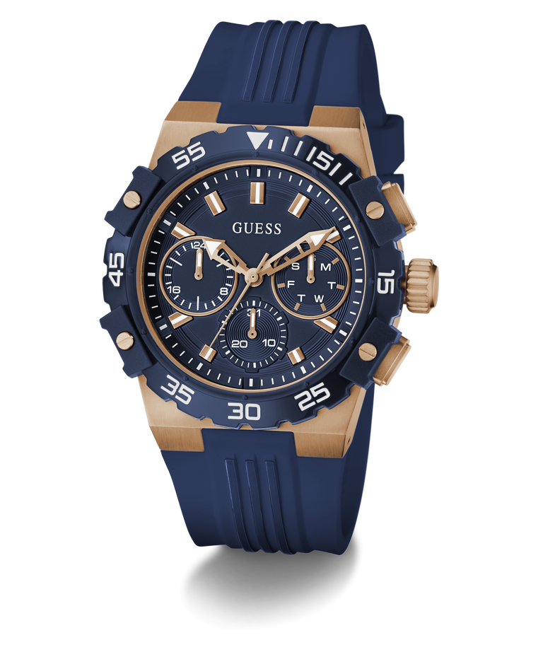 Blue and gold Guess watch on a clear background