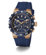 Blue and gold Guess watch on a clear background