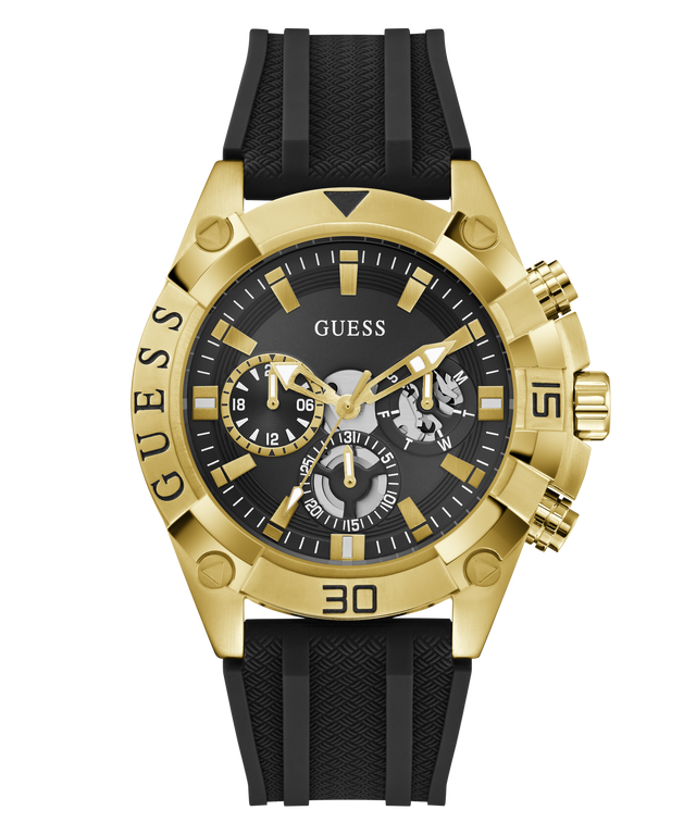 Gold and black watch with visible Guess branding on a white background