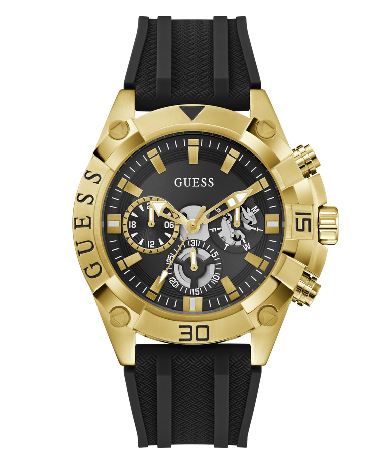 Gold and black watch with visible Guess branding on a white background