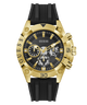 Gold and black watch with visible Guess branding on a white background
