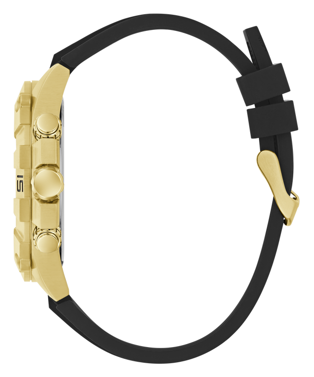 Gold and black watch with a black strap on a white background