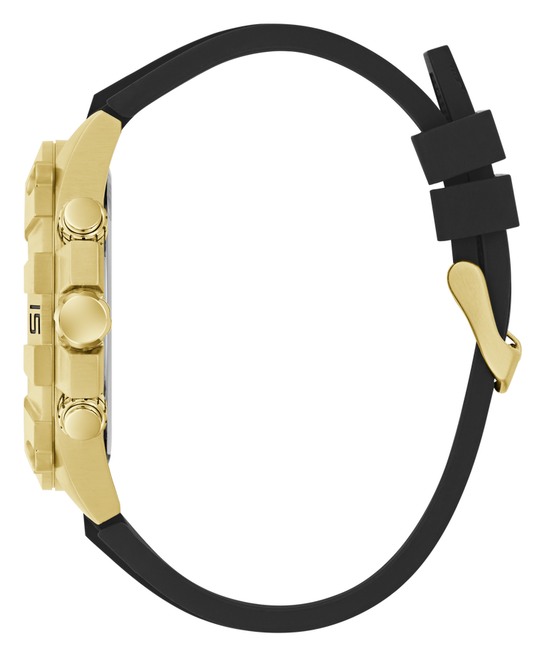 Gold and black watch with a black strap on a white background