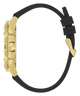 Gold and black watch with a black strap on a white background