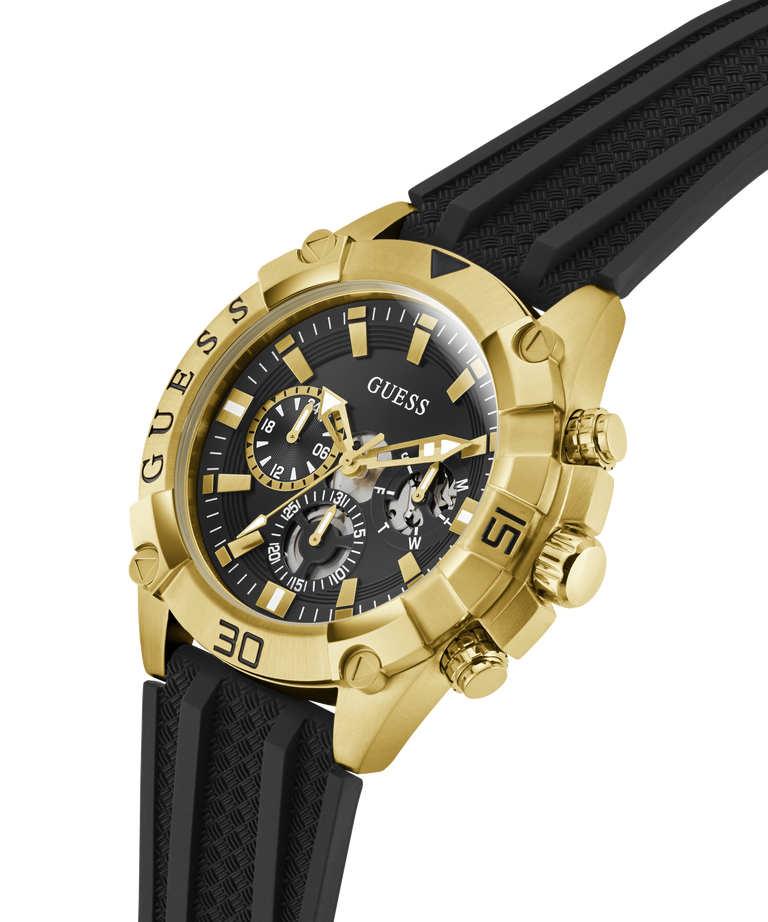Gold and black watch with visible brand name on a clear background lifestyle