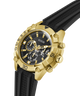 Gold and black watch with visible brand name on a clear background lifestyle