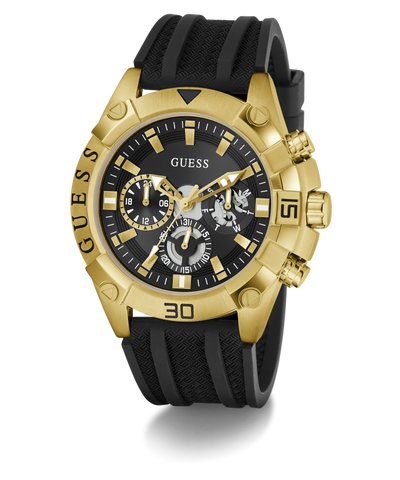 Gold and black Guess watch on a transparent background