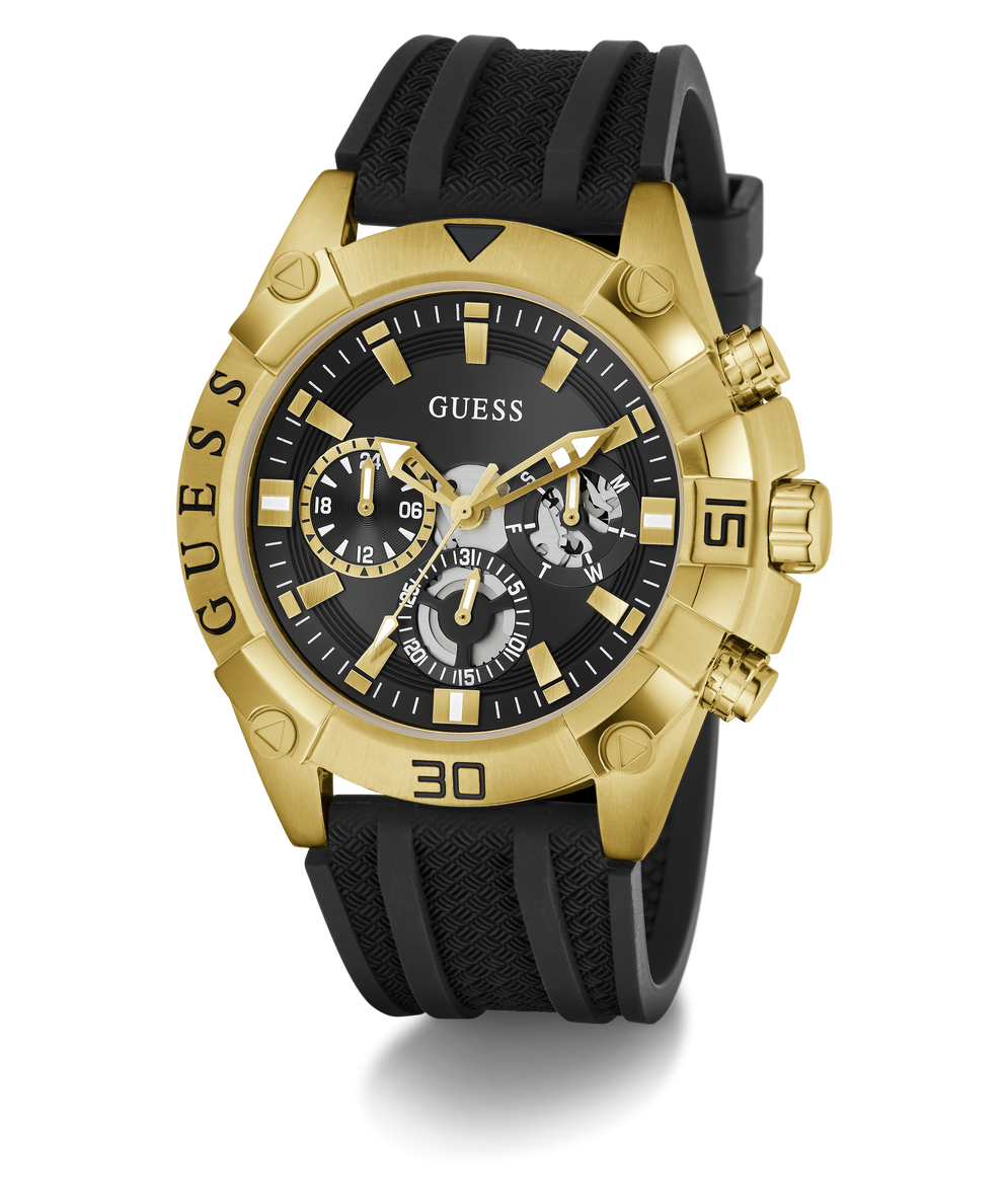 Gold and black Guess watch on a transparent background