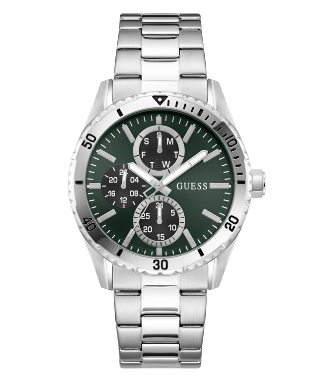 Silver watch with a green dial on a white background