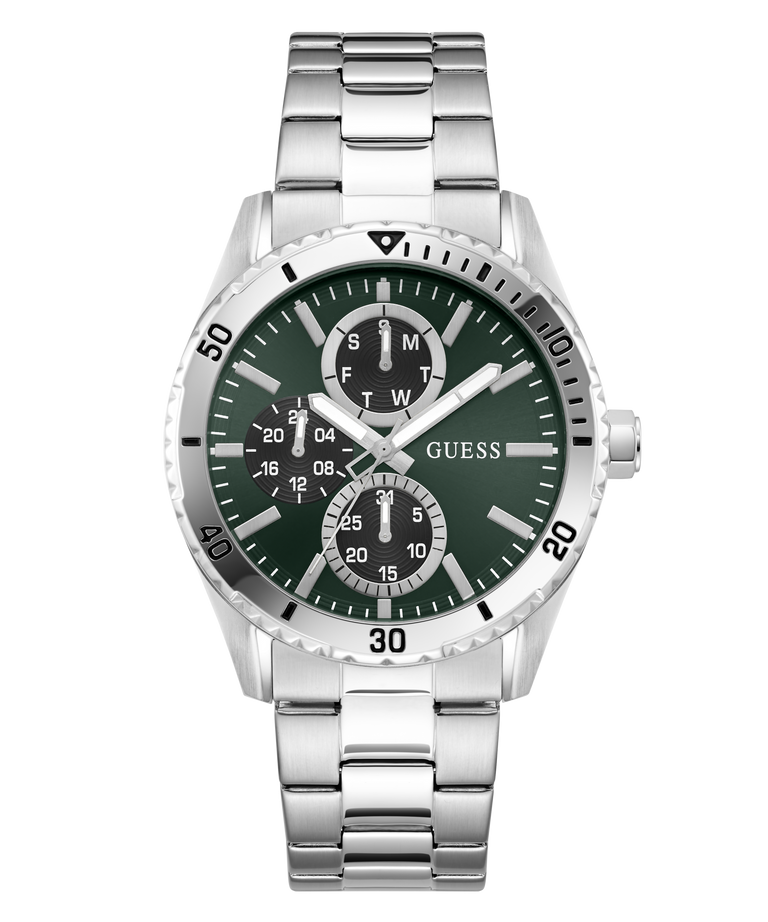 Silver watch with a green dial on a white background