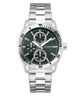 Silver watch with a green dial on a white background